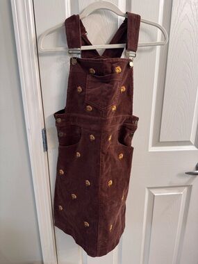 Brown Corduroy Overall Dress with Embroidered Turkey Accents